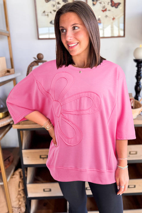 Flower Appliqué Raw Edge Half Sleeve Oversized Tunic Sweatshirt