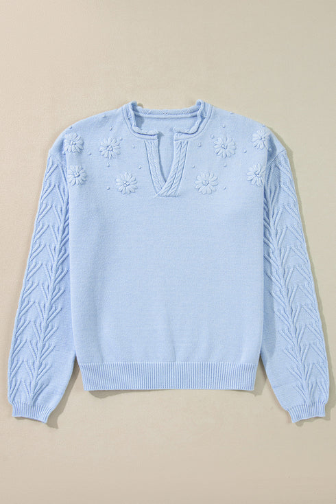 Flower Detail Knitted Notched Neck Sweater