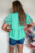 Flower Embroidered Frilled V Neck Puff Sleeve Textured Blouse