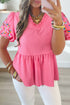 Flower Embroidered Frilled V Neck Puff Sleeve Textured Blouse
