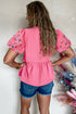Flower Embroidered Frilled V Neck Puff Sleeve Textured Blouse
