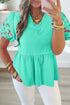 Flower Embroidered Frilled V Neck Puff Sleeve Textured Blouse
