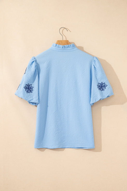Flower Embroidered Puff Sleeve Split Neck Textured Blouse