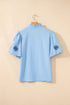 Flower Embroidered Puff Sleeve Split Neck Textured Blouse