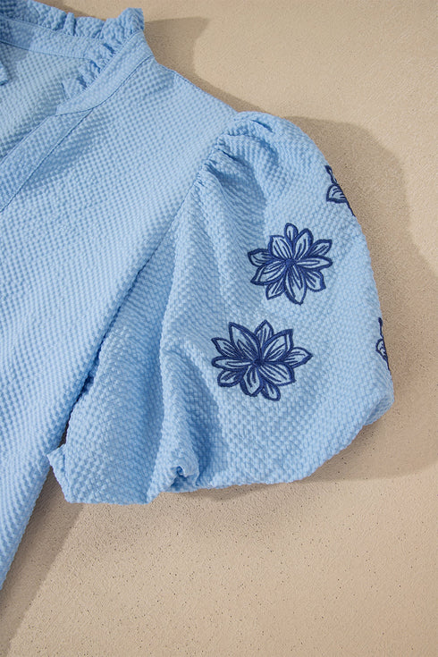 Flower Embroidered Puff Sleeve Split Neck Textured Blouse