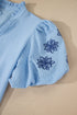 Flower Embroidered Puff Sleeve Split Neck Textured Blouse