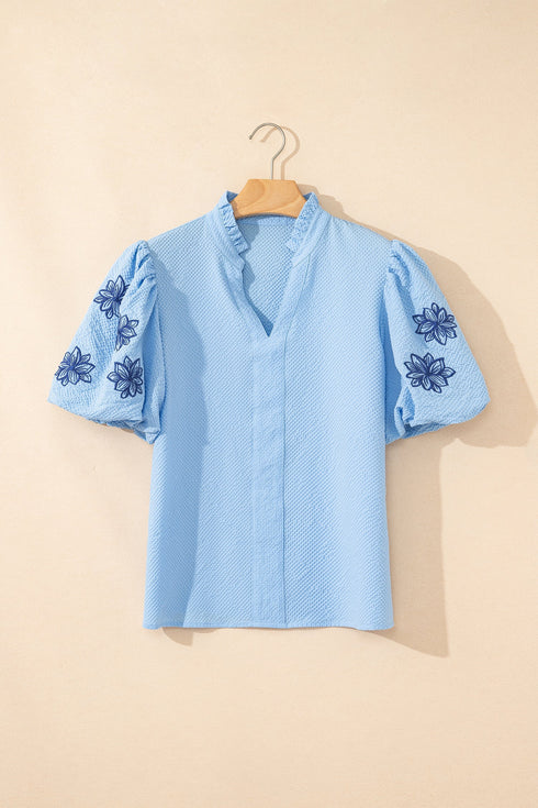 Flower Embroidered Puff Sleeve Split Neck Textured Blouse