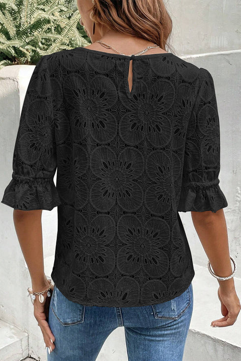 Flower Eyelet Jacquard Keyhole Flounce Sleeve Top