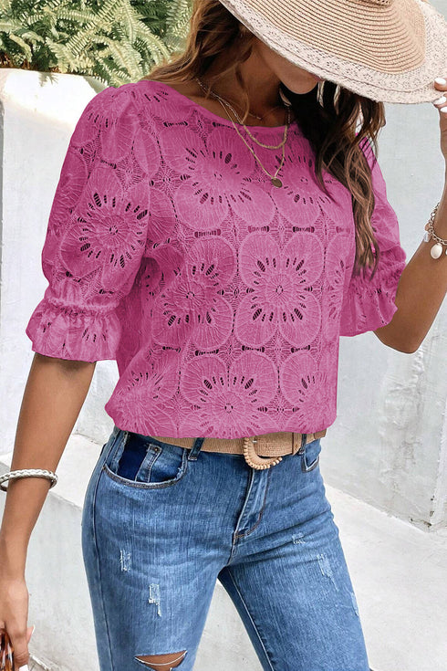 Flower Eyelet Jacquard Keyhole Flounce Sleeve Top