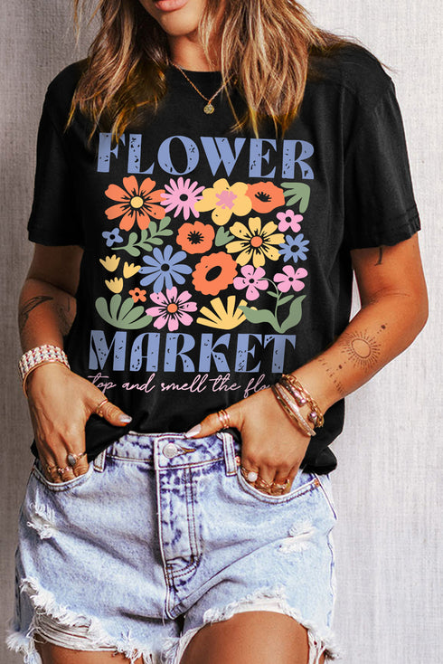 Flower Market Letter Print Cotton Blend Graphic Tee