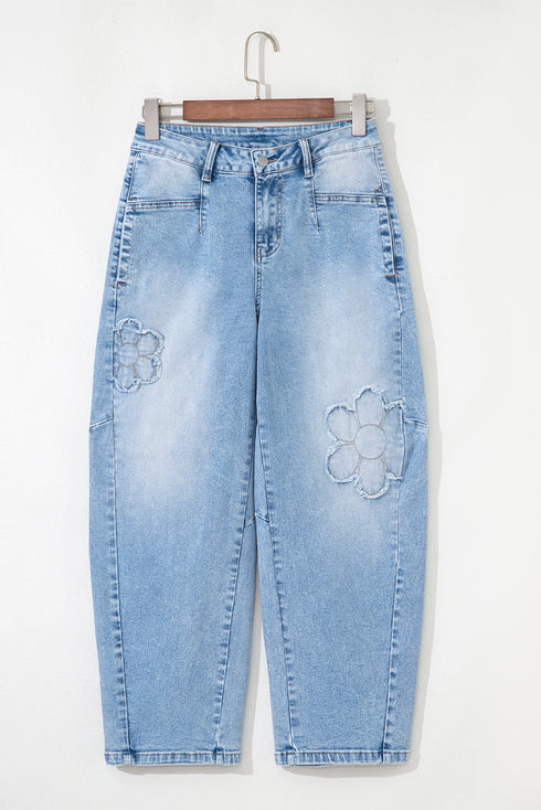Flower Patched Cropped High Waist Denim Jeans