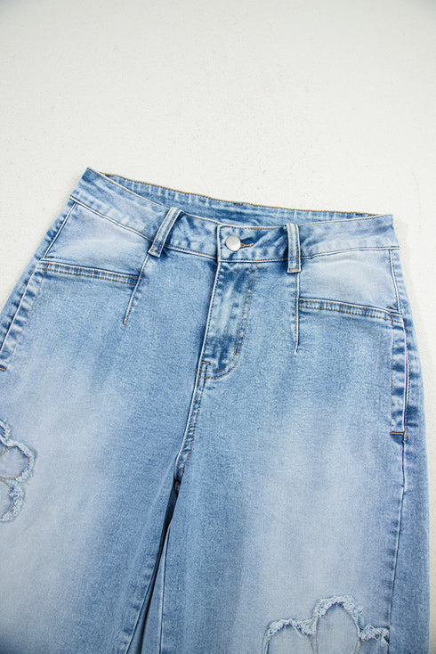 Flower Patched Cropped High Waist Denim Jeans
