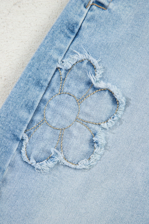 Flower Patched Cropped High Waist Denim Jeans