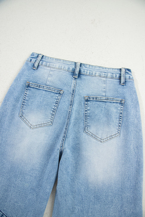 Flower Patched Cropped High Waist Denim Jeans