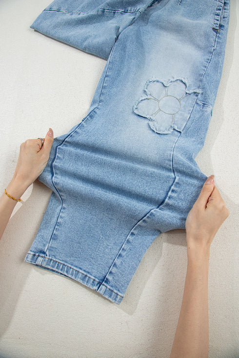 Flower Patched Cropped High Waist Denim Jeans