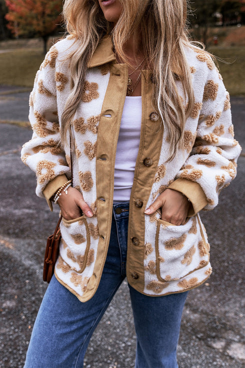 Flower Pattern Button Up Sherpa Fleece Jacket