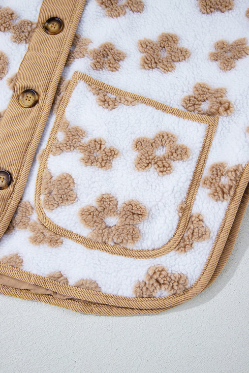 Flower Pattern Button Up Sherpa Fleece Jacket
