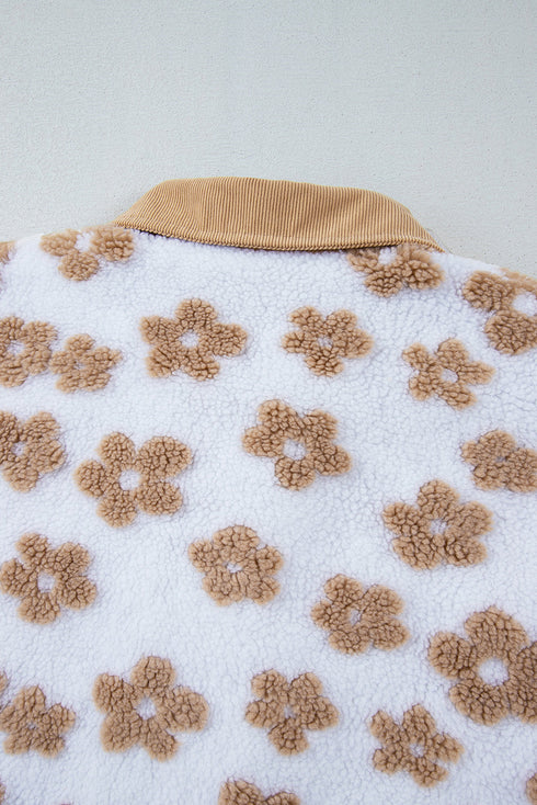 Flower Pattern Button Up Sherpa Fleece Jacket