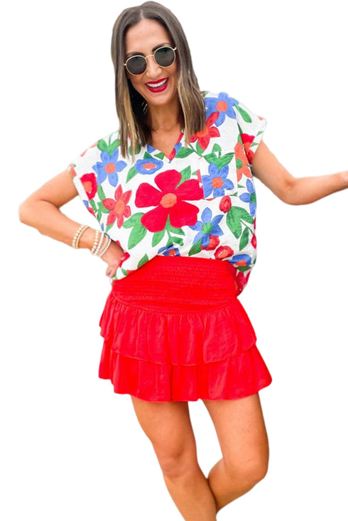Flower Print Chest Pocket V Neck Blouse