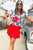Flower Print Chest Pocket V Neck Blouse