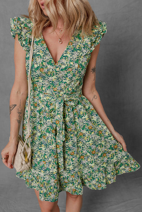 Flower Print Flutter Sleeve V Neck Sashed Ruffled Mini Dress