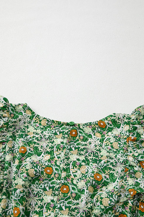 Flower Print Flutter Sleeve V Neck Sashed Ruffled Mini Dress