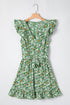 Flower Print Flutter Sleeve V Neck Sashed Ruffled Mini Dress