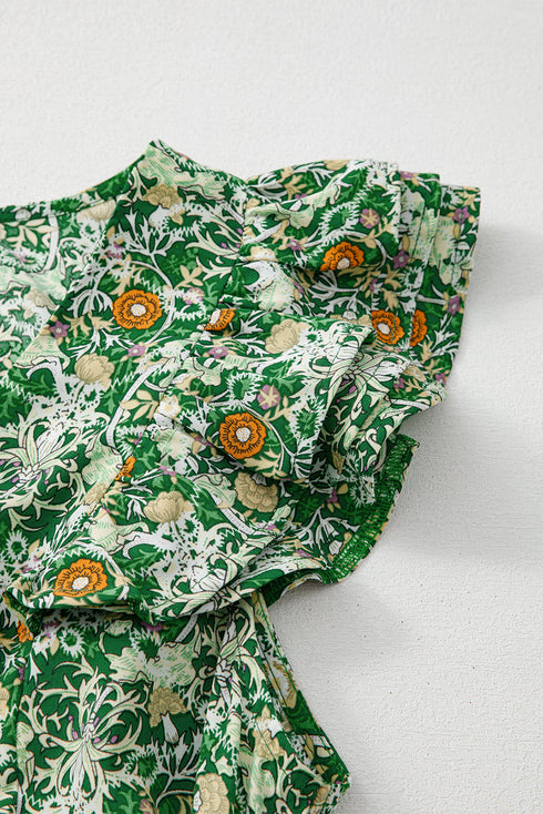 Flower Print Flutter Sleeve V Neck Sashed Ruffled Mini Dress