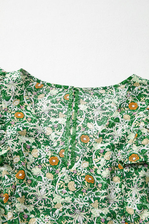 Flower Print Flutter Sleeve V Neck Sashed Ruffled Mini Dress