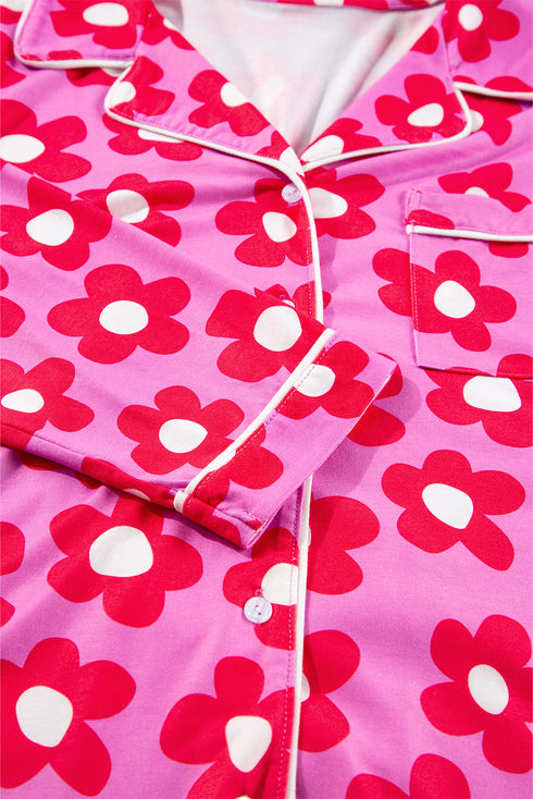 Flower Print Long Sleeve Shirt Shorts Pajamas Set