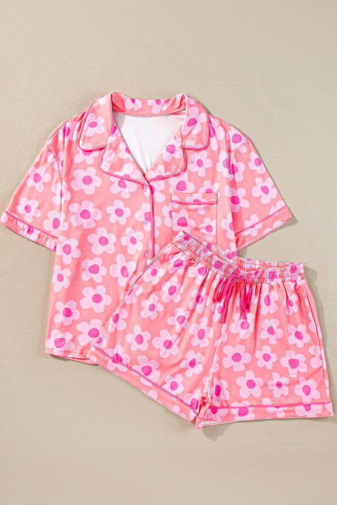 Flower Print Short Sleeve Shirt Pajamas Set