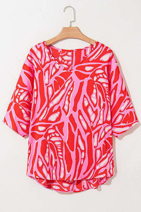 Flowy Abstract Print V Neck Oversized Batwing Blouse
