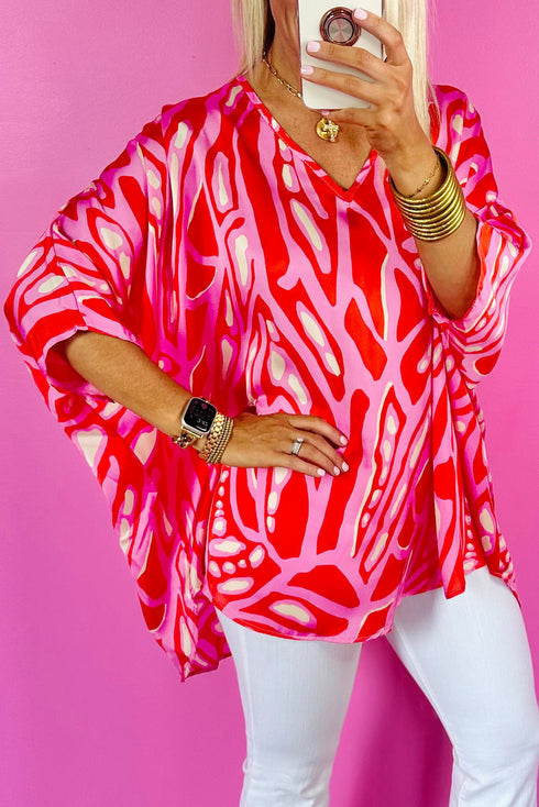 Flowy Abstract Print V Neck Oversized Batwing Blouse