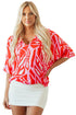 Flowy Abstract Print V Neck Oversized Batwing Blouse