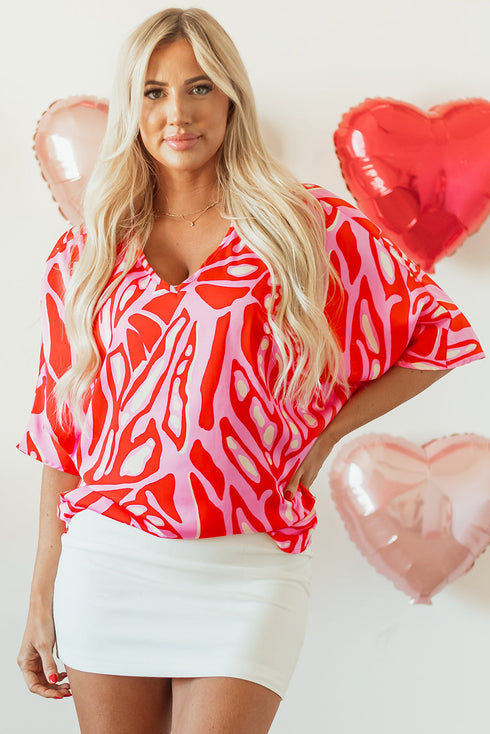 Flowy Abstract Print V Neck Oversized Batwing Blouse