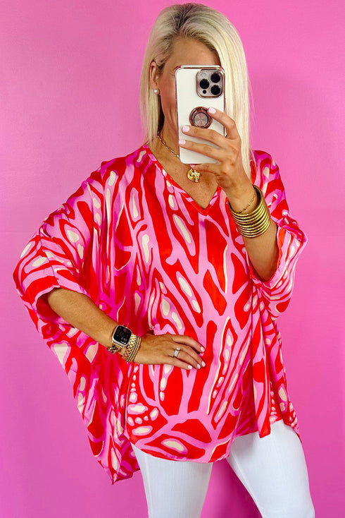 Flowy Abstract Print V Neck Oversized Batwing Blouse