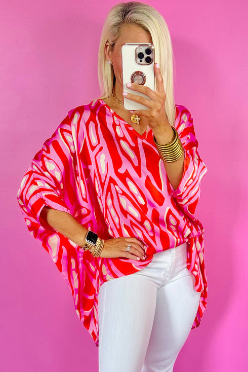 Flowy Abstract Print V Neck Oversized Batwing Blouse