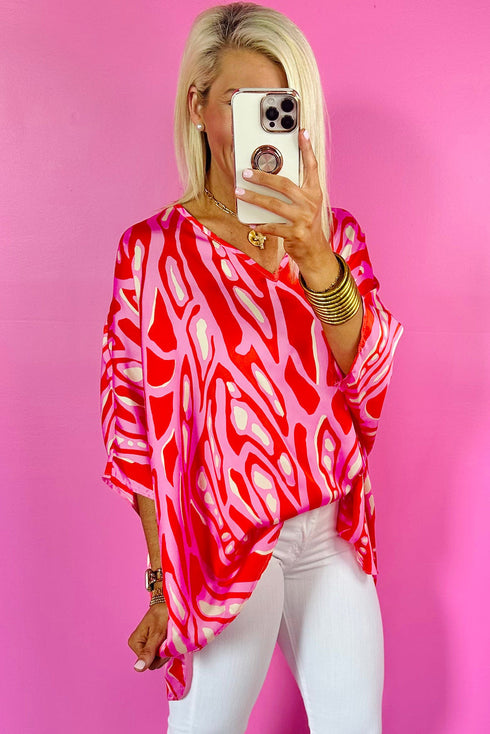 Flowy Abstract Print V Neck Oversized Batwing Blouse