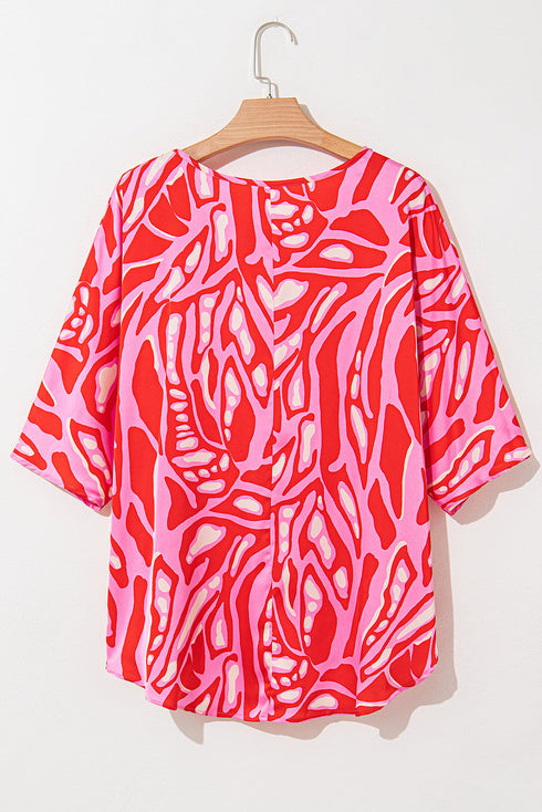 Flowy Abstract Print V Neck Oversized Batwing Blouse