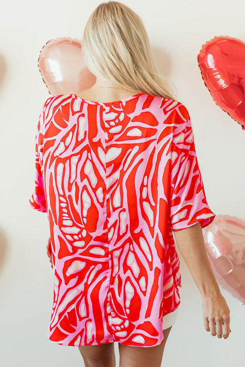 Flowy Abstract Print V Neck Oversized Batwing Blouse