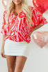Flowy Abstract Print V Neck Oversized Batwing Blouse