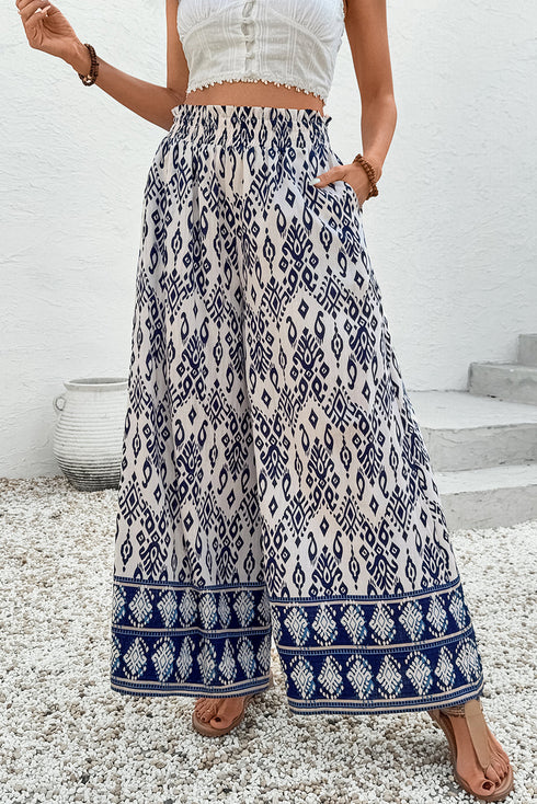 Flowy Bohemian Pattern Print High Waisted Wide Leg Pants