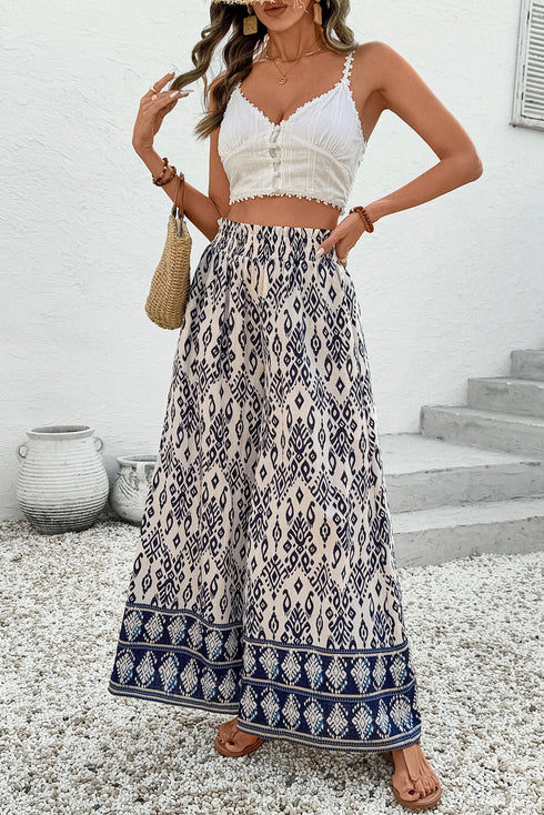 Flowy Bohemian Pattern Print High Waisted Wide Leg Pants