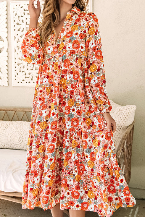 Flowy Floral Print Collared Tiered Midi Dress