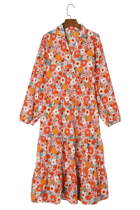 Flowy Floral Print Collared Tiered Midi Dress