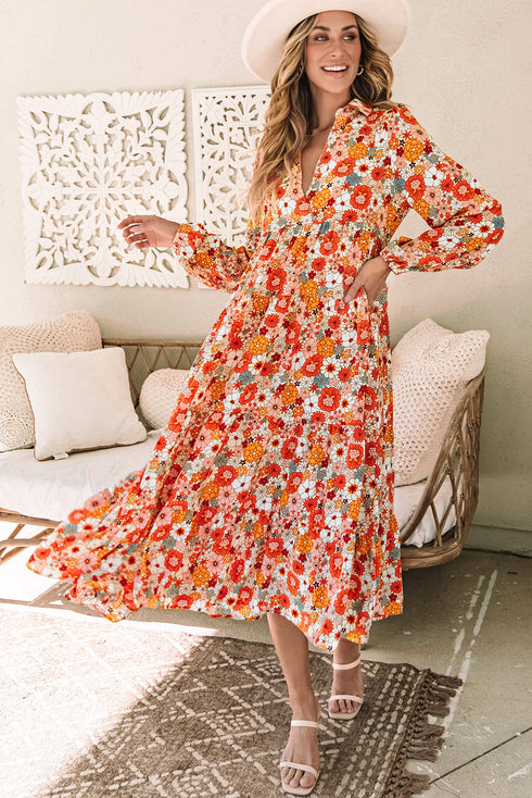 Flowy Floral Print Collared Tiered Midi Dress