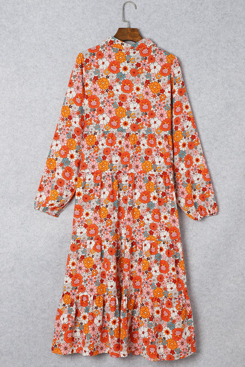 Flowy Floral Print Collared Tiered Midi Dress