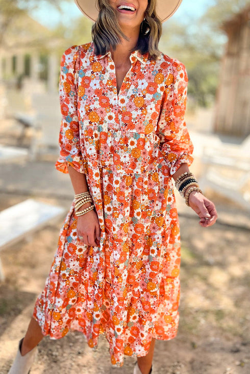 Flowy Floral Print Collared Tiered Midi Dress