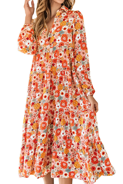 Flowy Floral Print Collared Tiered Midi Dress