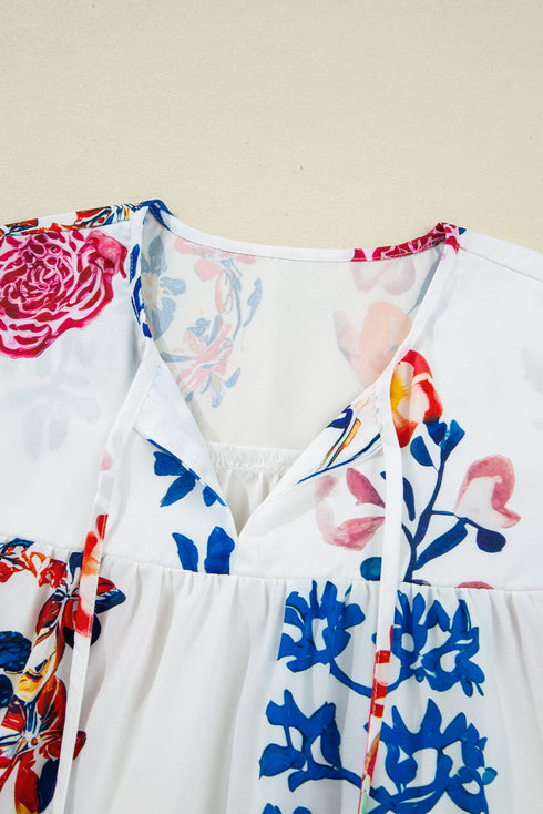 Flowy Floral Print Tassel Tie Bracelet Sleeve Blouse